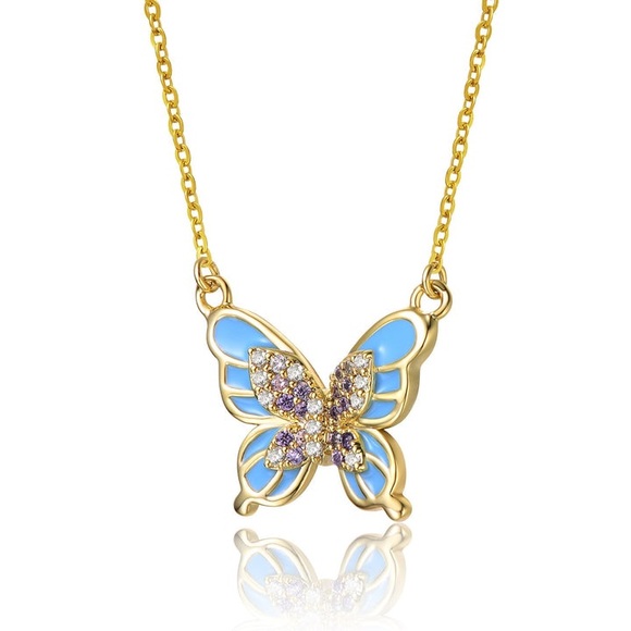 Amethyst Cubic Zirconia, 14k Gold Plated  Blue Enamel Butterfly Pendant Necklace - Picture 5 of 5